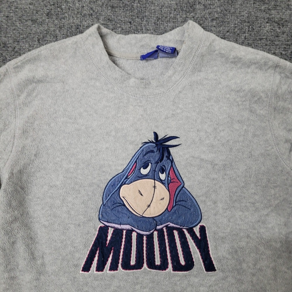 Disney Sweatshirt Womens Size Large Grey Eeyore Moody Fleece Embroidered Graphic